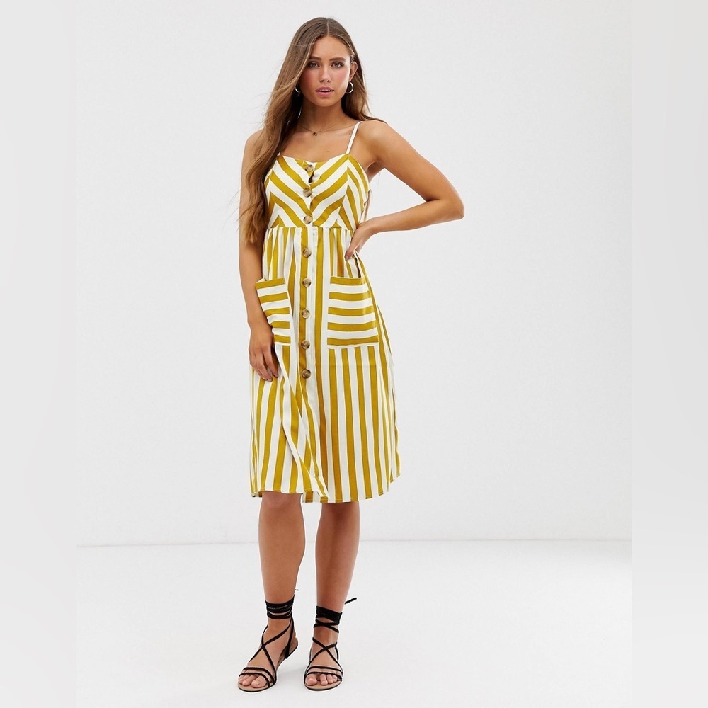 Style House large button through mustard striped mini dress adjustable straps